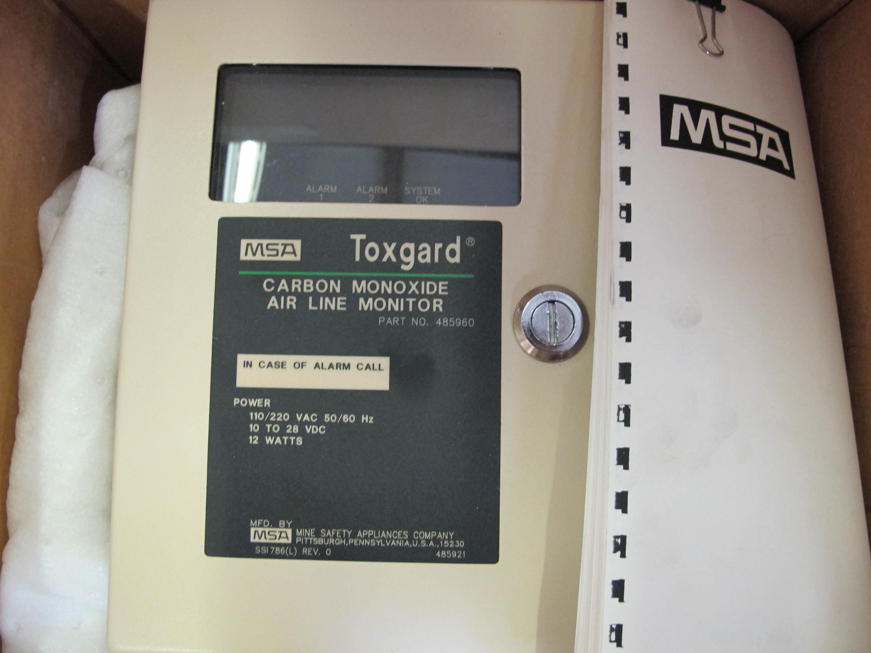 LOT TO INCLUDE: (1) MSA TOXGUARD, CARBON MONOXIDE AIRLINE MONITOR, (9) CAPACITORS, PROTECTION KIND, PAPER FILM, OIL FILL MATERIAL, 10% RATED VOLTAGE TOLERANCE, TOP CONNECTION, 0.5MFD CAPACITANCE, 6900VAC RMS VOLTAGE. 60 HZ, 110 KVA BUSHING "BIL" 1 POLE, 1.0 GAL DIELKTROL VII, DISCHARGE RESISTOR SURGE PROTECTION CAPACITORS FOR REACTOR COOLANT PUMPS. LOADING & HANDLING FEE $15-4577